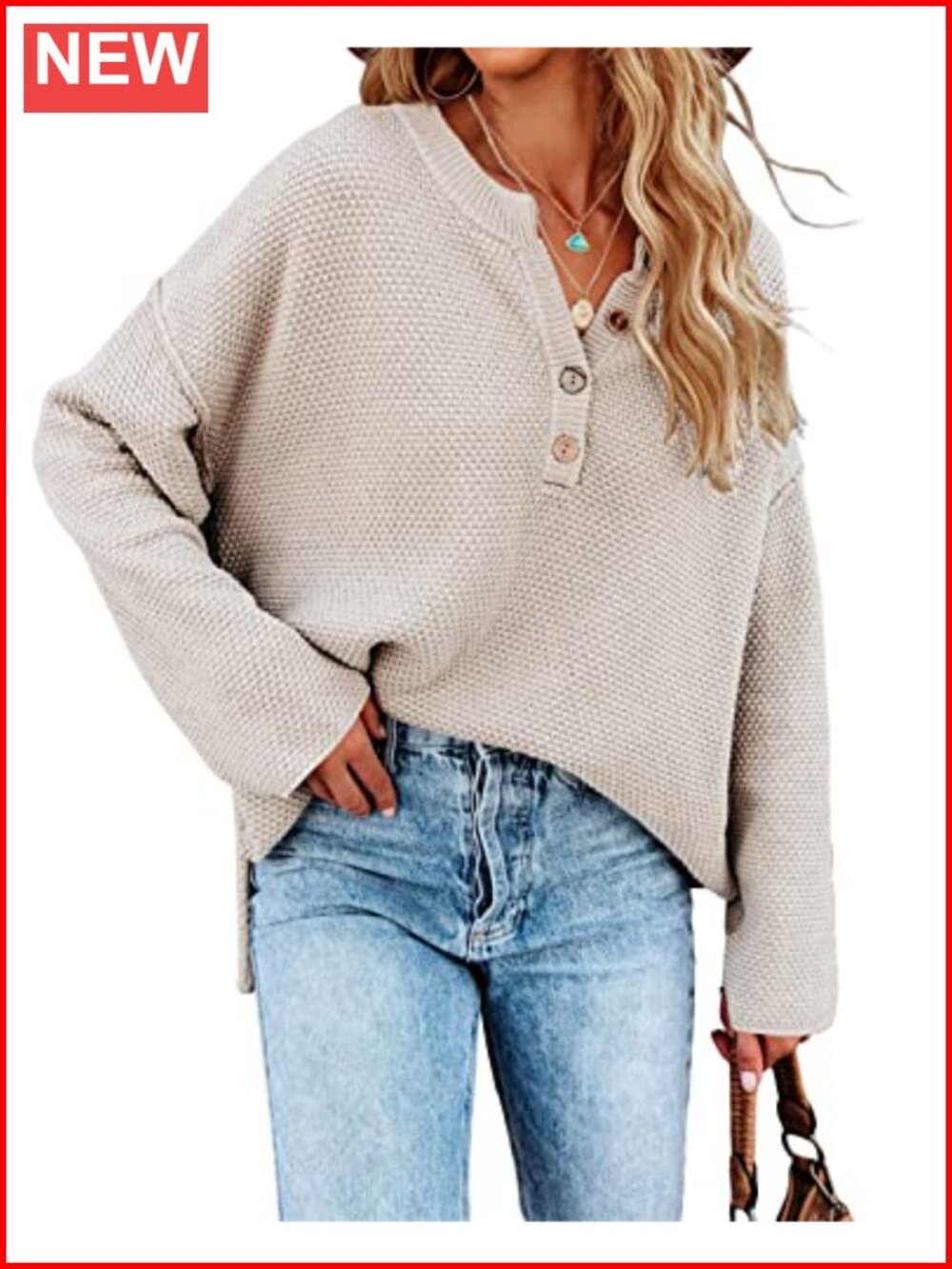 Oversized V Neck Button Knit Pullover Sweater